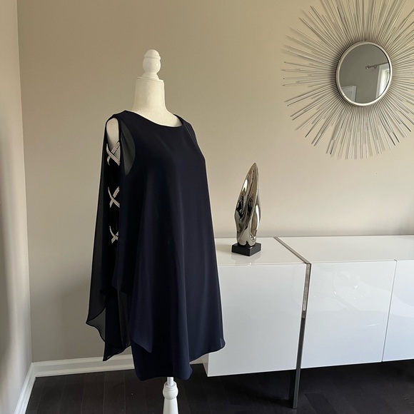 NWT Xscape Navy Blue Sheer Cape Rhinestone Cut-out Cocktail Gown Dress - Picture 3 of 13